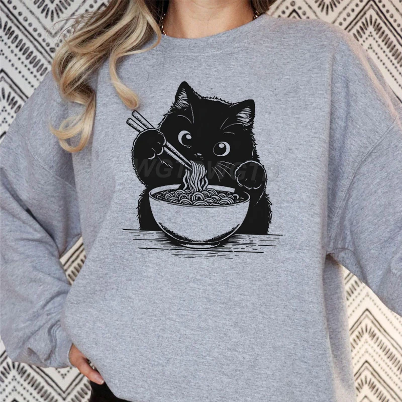 Amante de los gatos Kawaii sudadera de dibujos animados gato comiendo Ramen estampado mujer moda Casual sudaderas con capucha japonés fideos gatos Retro mujer suéter