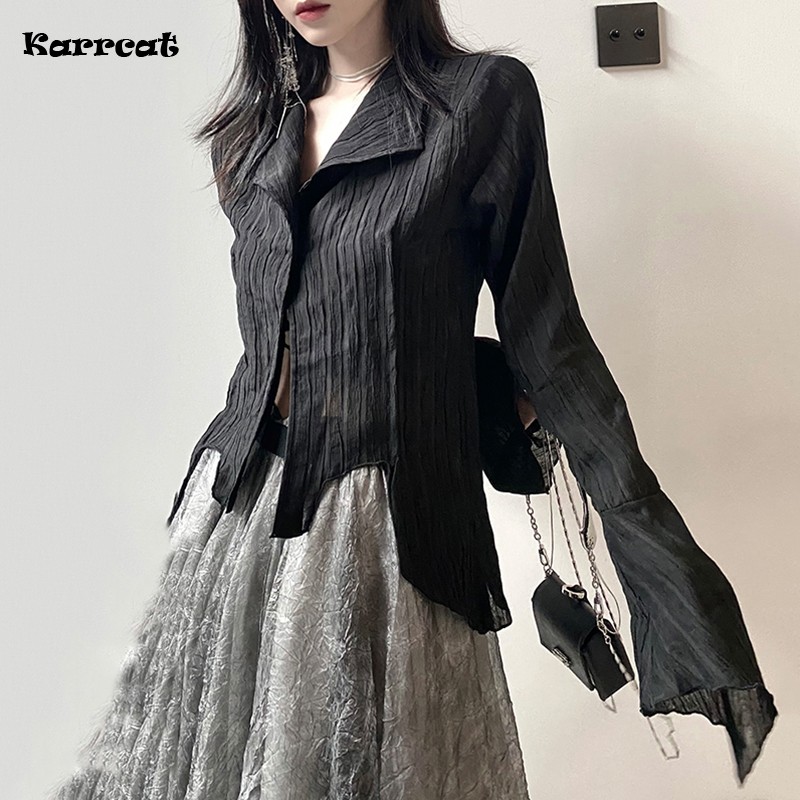 Karrcat Gothic Black Shirts Irregular Yamamoto Style Flare Sleeve Blouse Dark Aesthetic Grunge Clothes Harajuku Mall Goth Tops