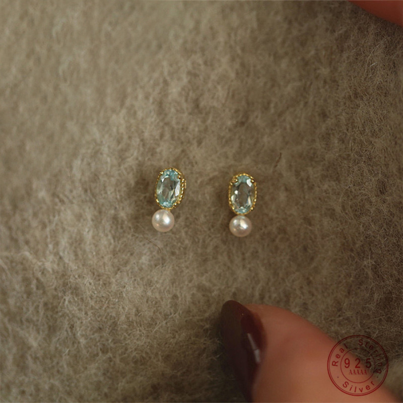 Orecchini a bottone con perle di zirconi blu in argento sterling 925 per le donne Accessori per gioielli con temperamento semplice coreano