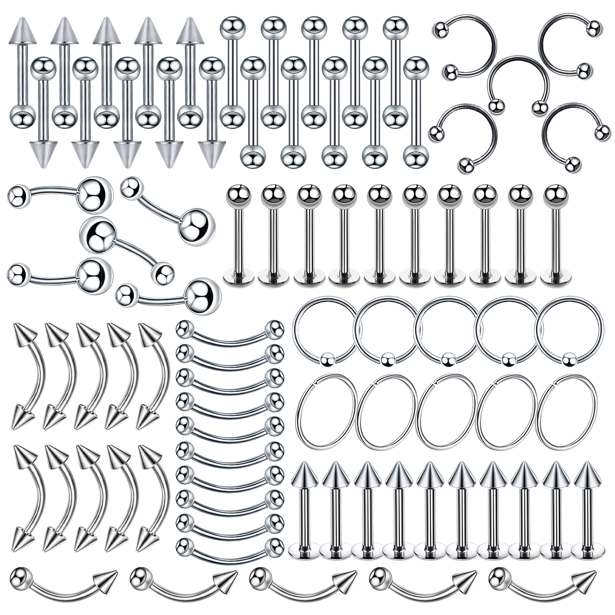 85PCS Surgical Steel Body Piercing Jewelry Lot Bulk Nose Ring Tongue Bar Lot Eyebrow Labret Piercing Set Horseshoe Ring Lot Pack