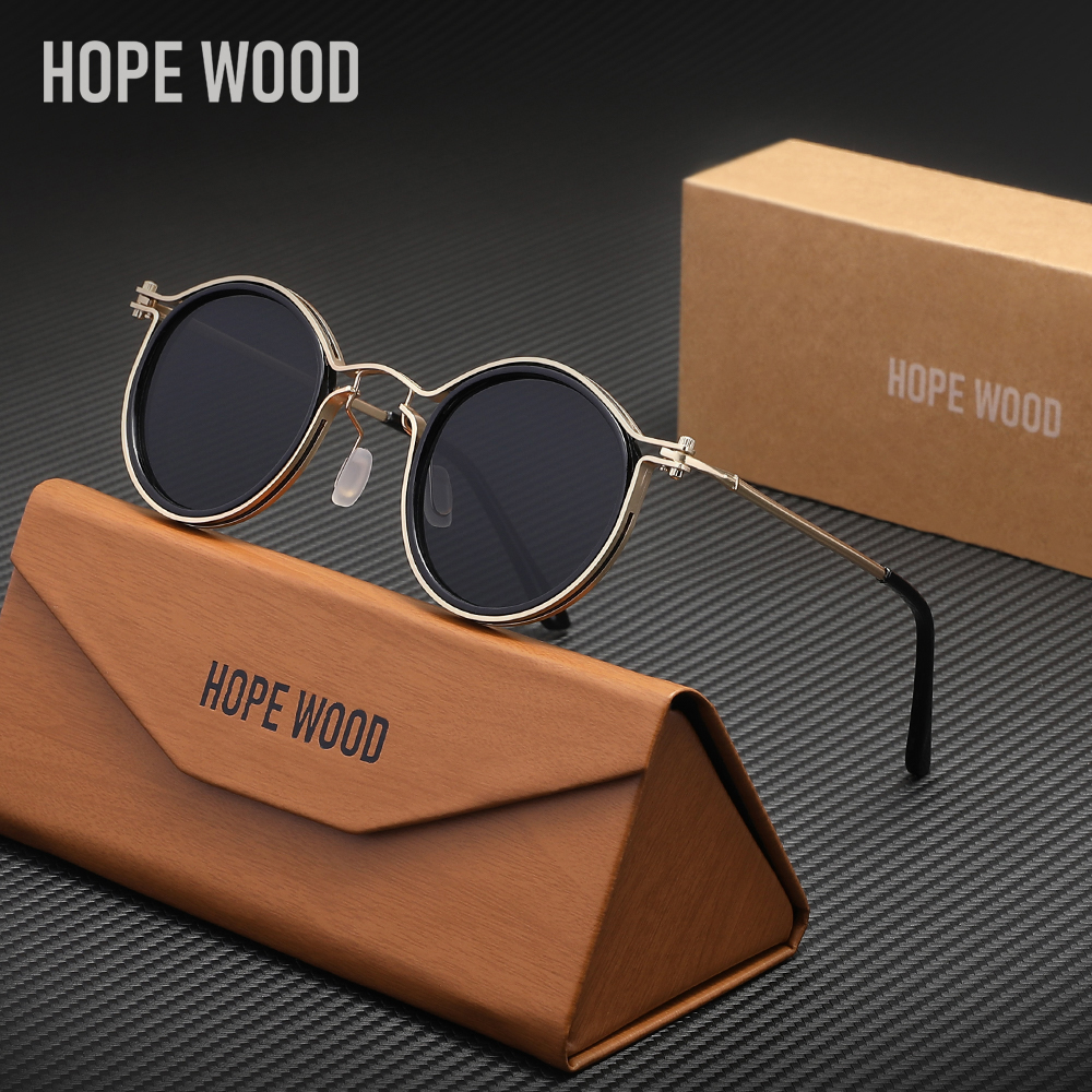HOPEWOOD Kacamata Hitam Klasik Bingkai Bulat Kecil Dipersonalisasi untuk Pria UV400 Aksesori Kacamata Wanita Kualitas Tinggi