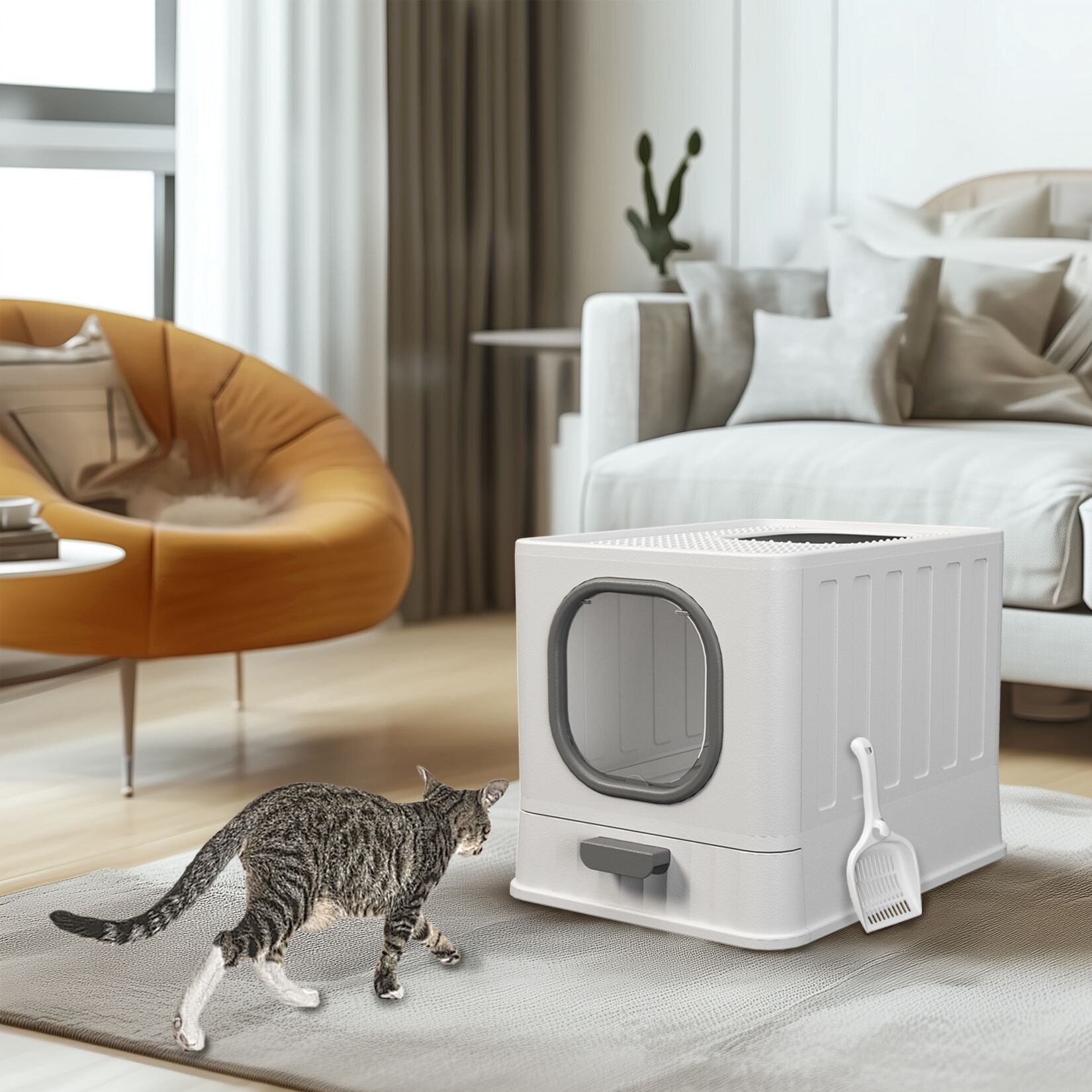 Кошачий туалет Bingopaw XL с крышкой, закрытый кошачий горшок с верхним входом, противоскользящий кошачий туалет, легко чистится, с лопаткой для кошачьего туалета