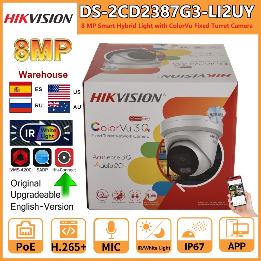 Hikvision 8MP IP-camera DS-2CD2387G3-LI2UY Smart Hybrid Light ColorVu Ingebouwde dubbele microfoon 4K 24/7 Kleurrijke torentjenetwerkcamera