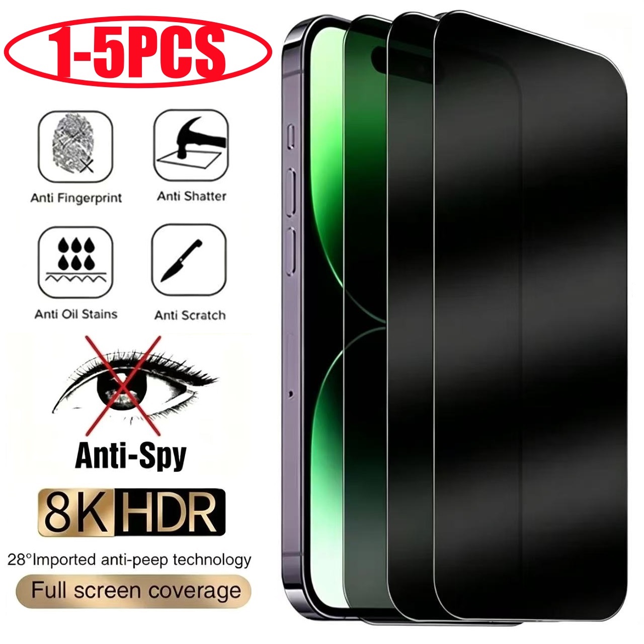 1-5PCS กระจกกันสายลับสำหรับไอโฟน 15 14 13 12 11 โปรแม็กซ์ มินิ X XS XR 7 8 พลัสตัวป้องกันหน้าจอความเป็นส่วนตัวสำหรับไอโฟน 17 16 17 แอร์