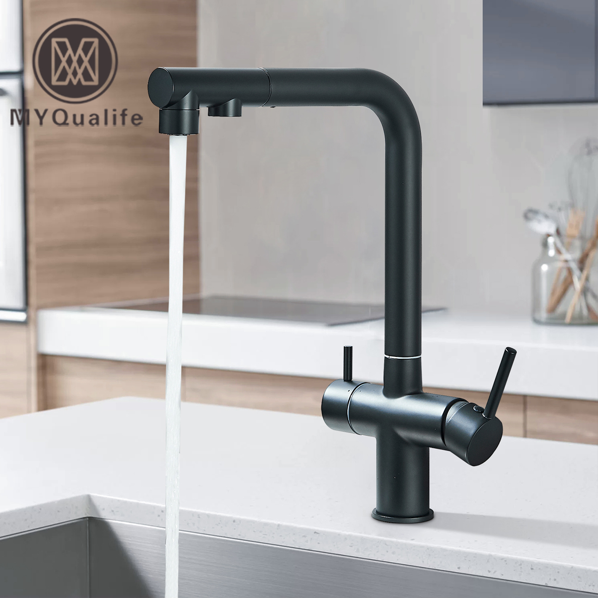 Matte Black ดึงกรองก๊อกน้ําห้องครัว Hot & Cold Water Mixer Dual โหมดกรอง Purification อ่างล้างจาน 360 หมุน