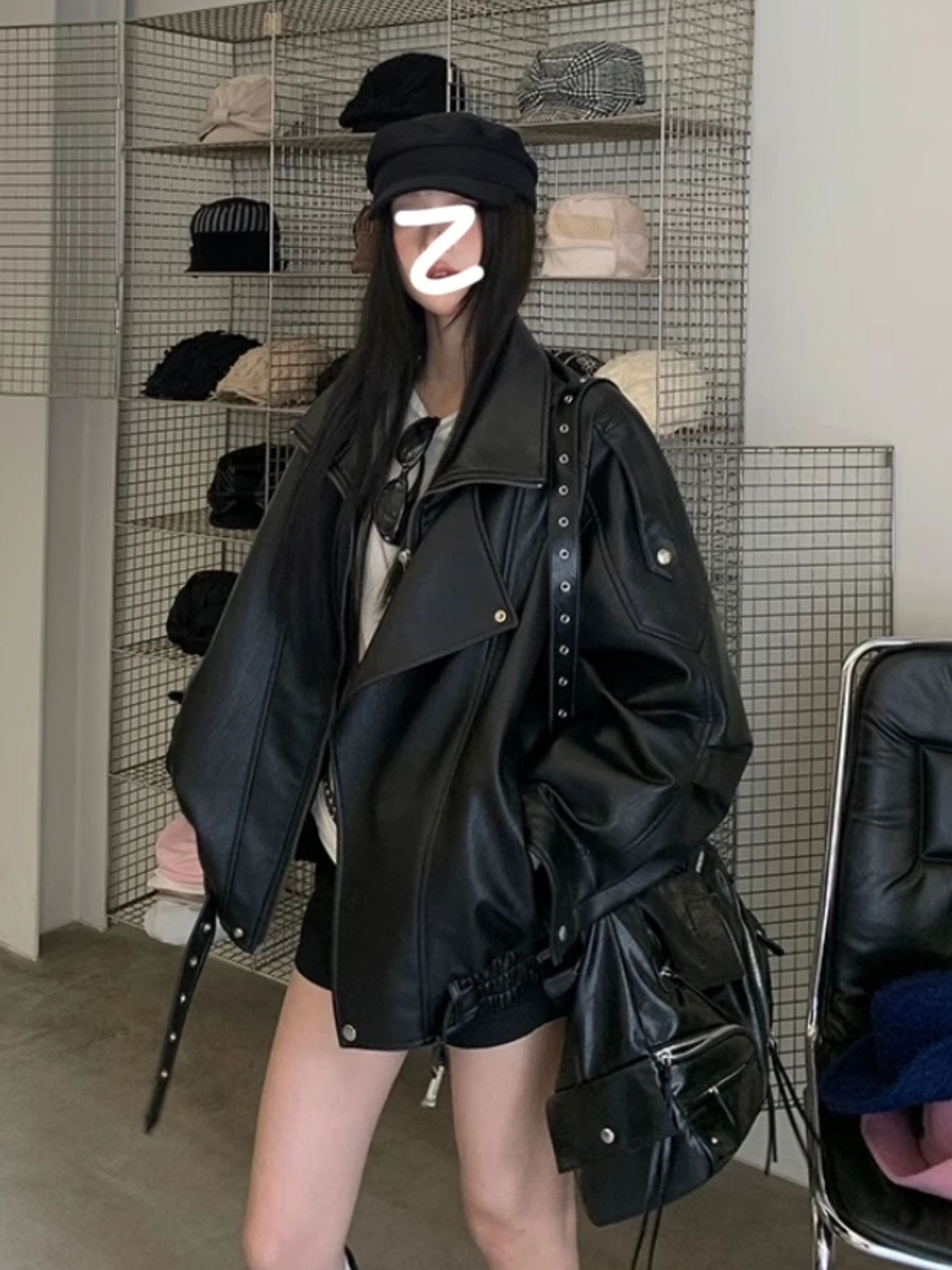 Women's Bla Leather Jaet Heavyweight PU Motorcycle Sle Loose Fit Autumn Winter Faion Outerwear ort Coat