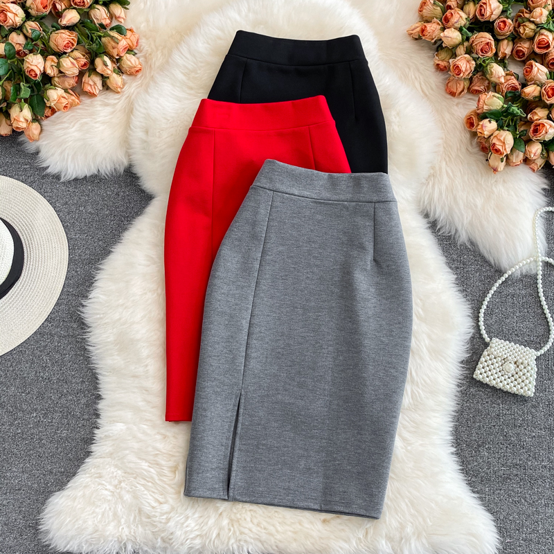 High Waist Midi Skirt Women's OL Profional Slimming Side Slit Wrap A-Line One Step Skirt Autumn Korean Sle Commute