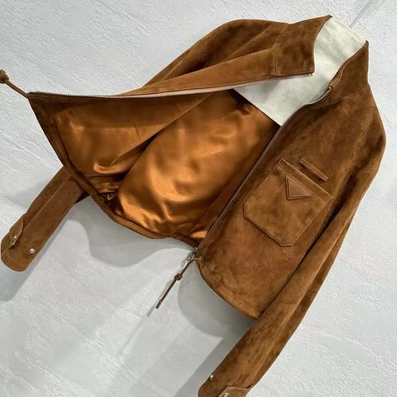 Jaqueta de couro de camurça feminina gola alta manga longa de alta qualidade outono 2025 moda casaco de comprimento curto