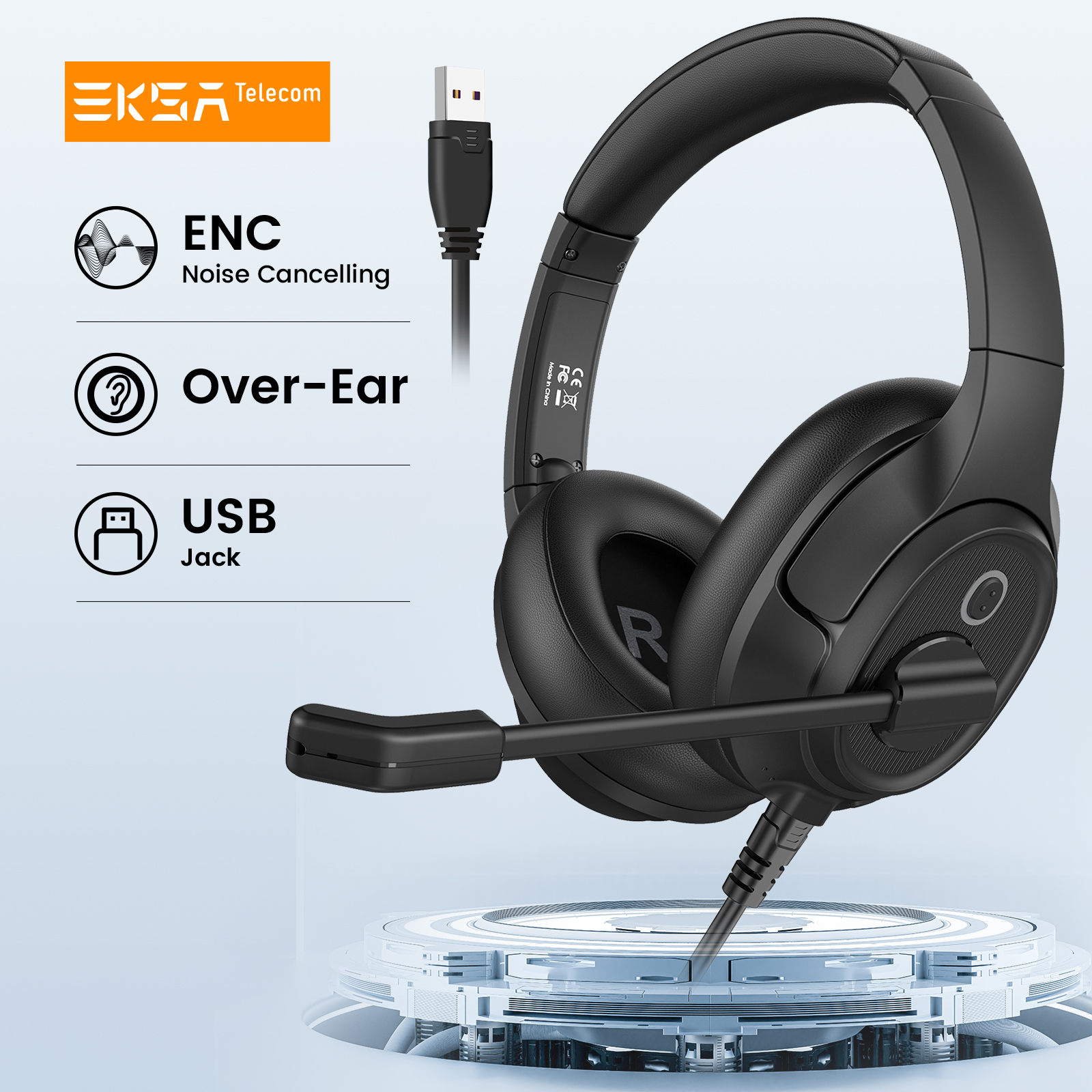 Auriculares EKSA-H2 de oficina con micrófono, cascos de ordenador con cable USB, micrófono ENC, auriculares por encima de la oreja, con luz ocupado/interruptor de silencio