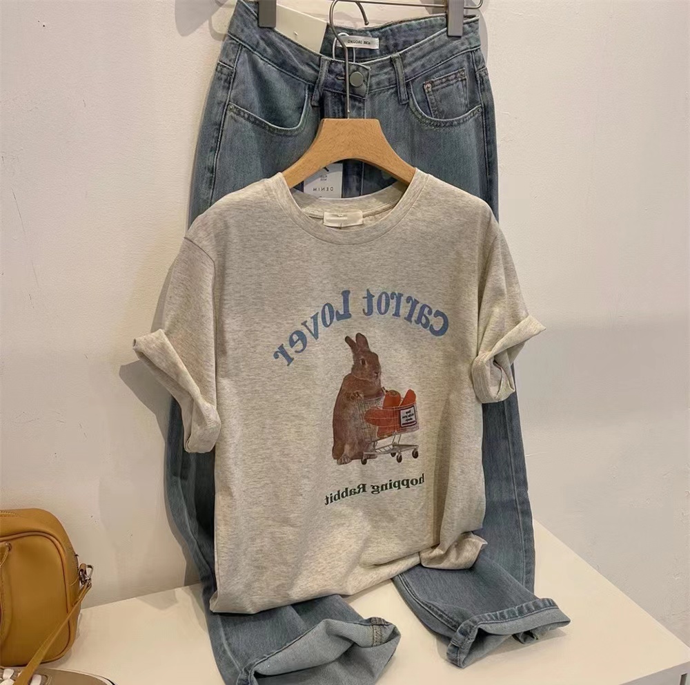 American Retro Grey T-Shirt Women's Shoulder Short Sleeve round Neck Pure Cotton Top Slimming Fashionable Korean Style Summer