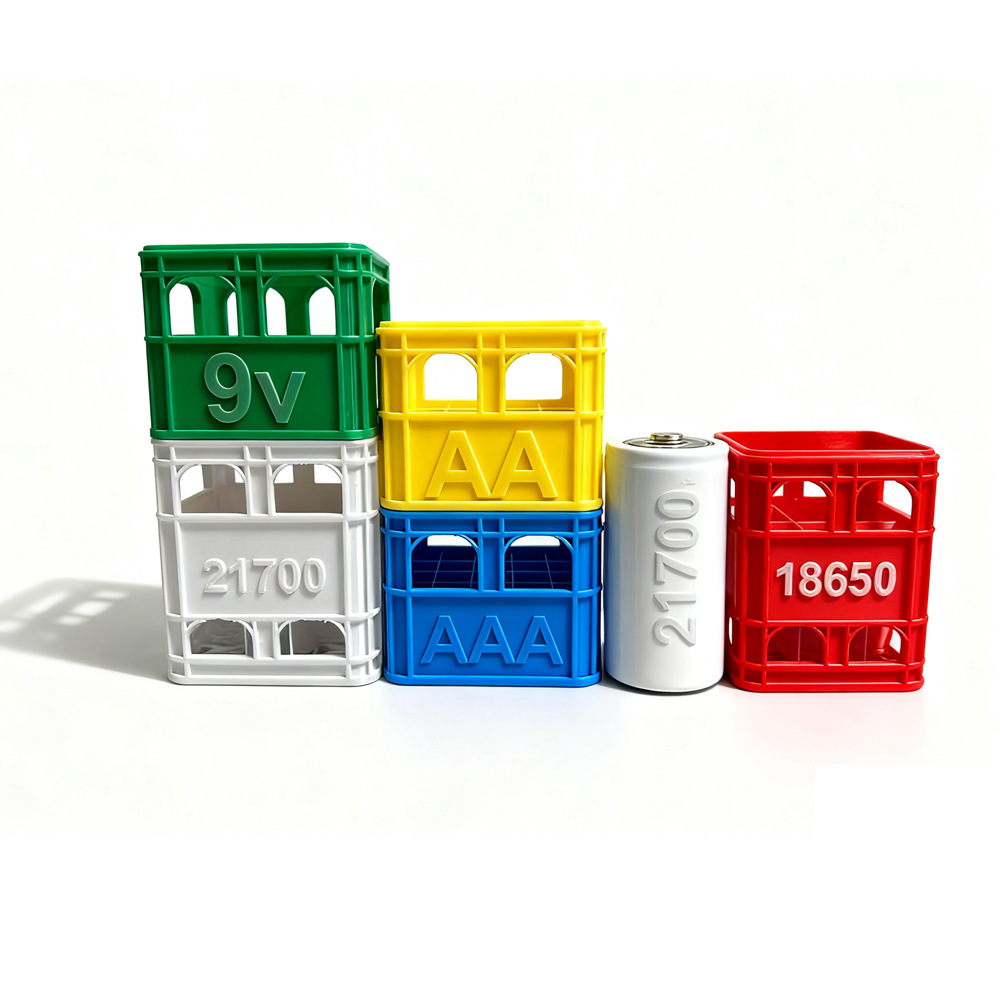 Caja de almacenamiento de pilas apilables estilo caja de cerveza impresa en 3D, tamaños AA y AAA, 18650 21700 9V.
