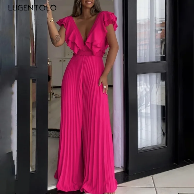 Donne cento pieghe tute Sexy profondo scollo a v volant Backless vita alta pantaloni a gamba larga cocktail Party abbigliamento elegante