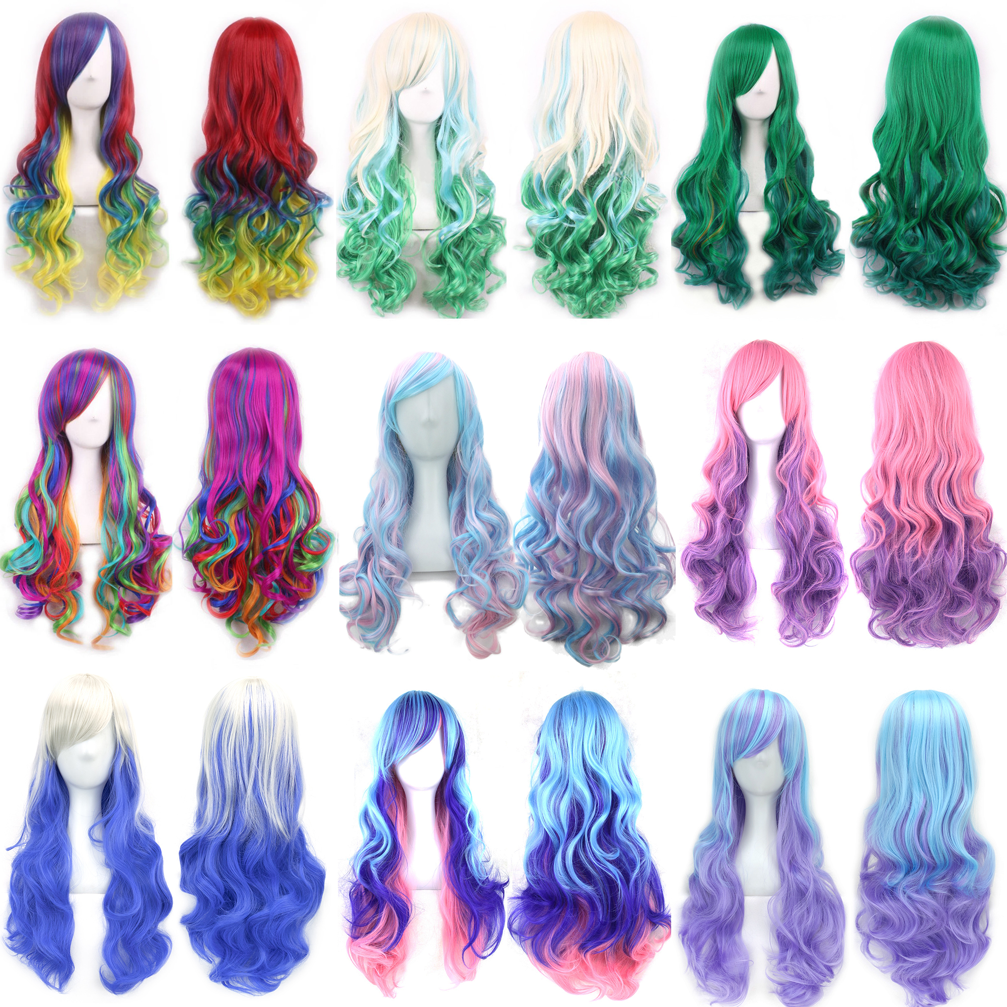 Synthetic Hair Ombre Rainbow Cosplay Wig with Bangs Red Yellow Purple Green Blue Wigs for Black Women