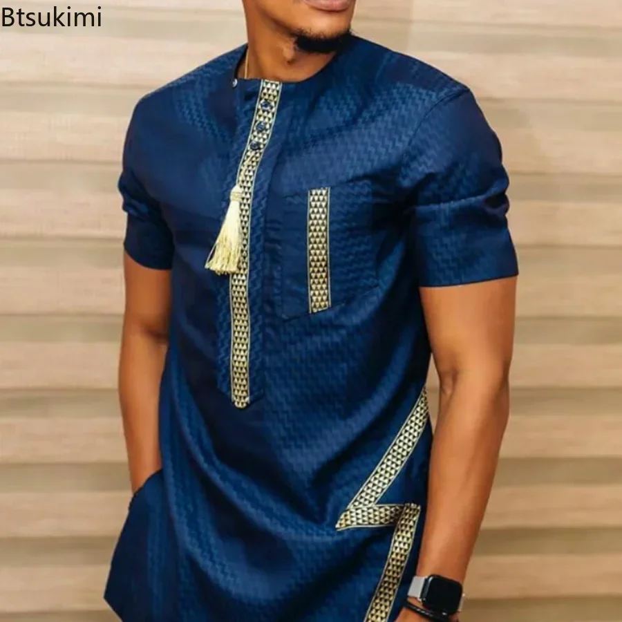 2025 Mannen Zomer Afrikaanse T-shirt Mode Hals Print Korte Mouw Tee Afrika Dashiki Eenvoudige Casual Nationale Stijl T-shirt Mannelijke