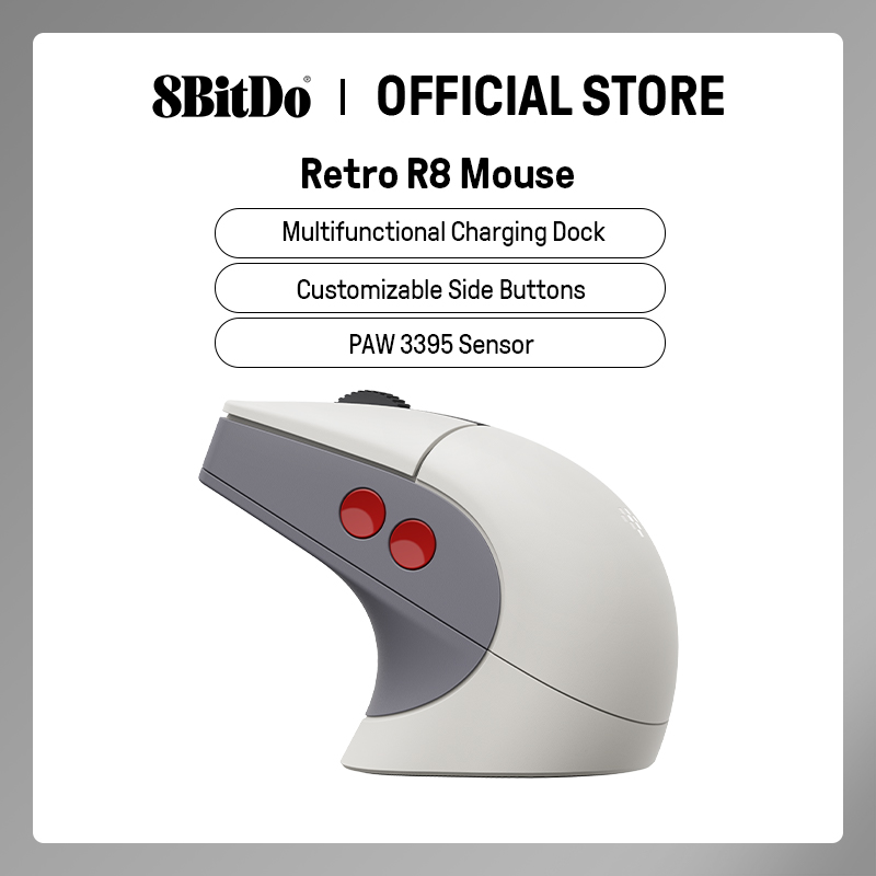 Mysz Retro R8 8BitDo z czujnikiem optycznym PAW 3395 DPI 26K, bezprzewodowa mysz z sondowaniem 4K i stacją ładującą - N Edition