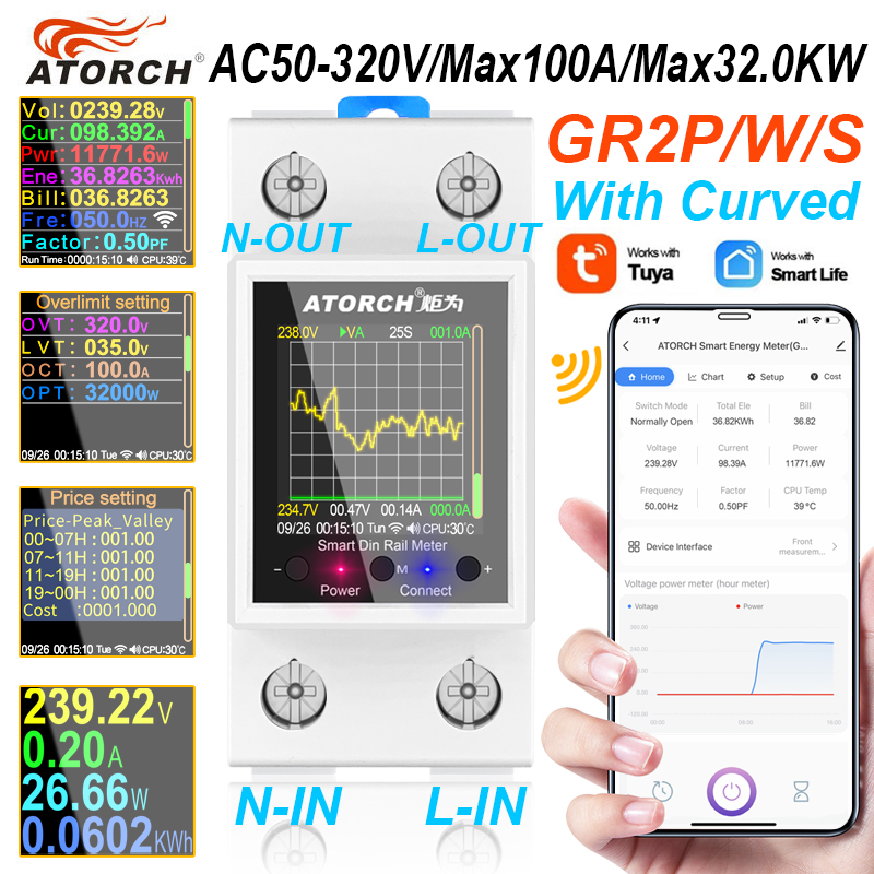 ATORCH AC110/220V 100A WIFI счетчик на DIN-рейку защита от утечки выключатель дистанционное управление через приложение Tuya для умного дома