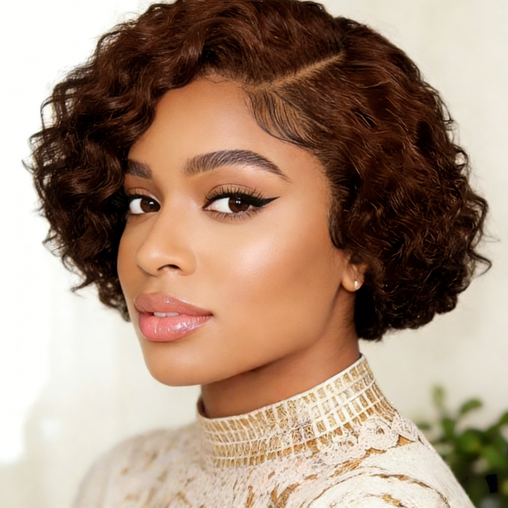 Peruka z naturalnych ludzkich włosów, krótka, kręcona, typu pixie cut, peruka typu lace front 13x4 dla kobiet, naturalna czerń, wstępnie wyskubana linia włosów.