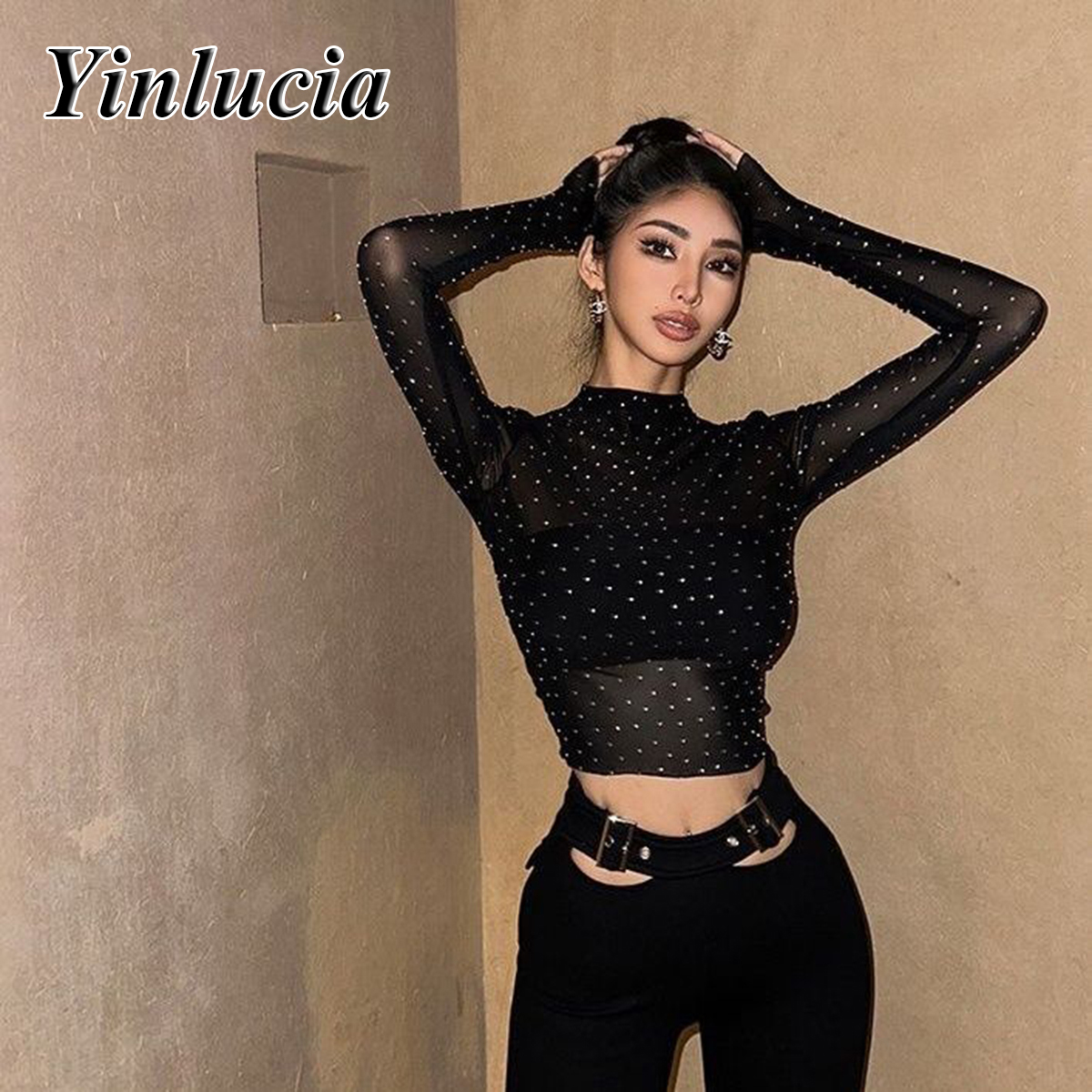 Camiseta ajustada elástica con lentejuelas brillantes para mujer, blusas para el ombligo, camisa Sexy de malla con protección solar, blusa, jersey para chicas calientes, ropa de calle Y2K