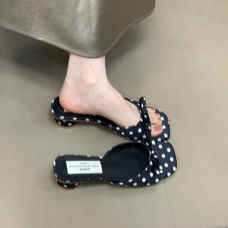Gladiator Women Polka Dot Slippers  Summer Thick Heel Mules Shoes Elegant Butterfly-knot Vacation Dress Sandalias