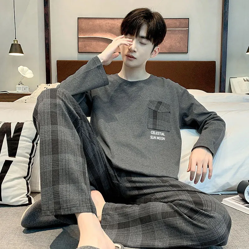 2 stks/set Mannen Pyjama Lange Mouwen Koreaanse Versie van de Eenvoudige Button down Tops en Broek Nachtkleding Homewear Plaid nachtkleding