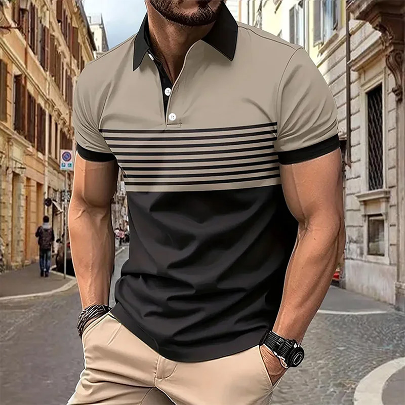 Camiseta de manga corta con solapa y manga con estampado de rayas transpirable, camisa informal con botones de estilo Retro para hombre para verano