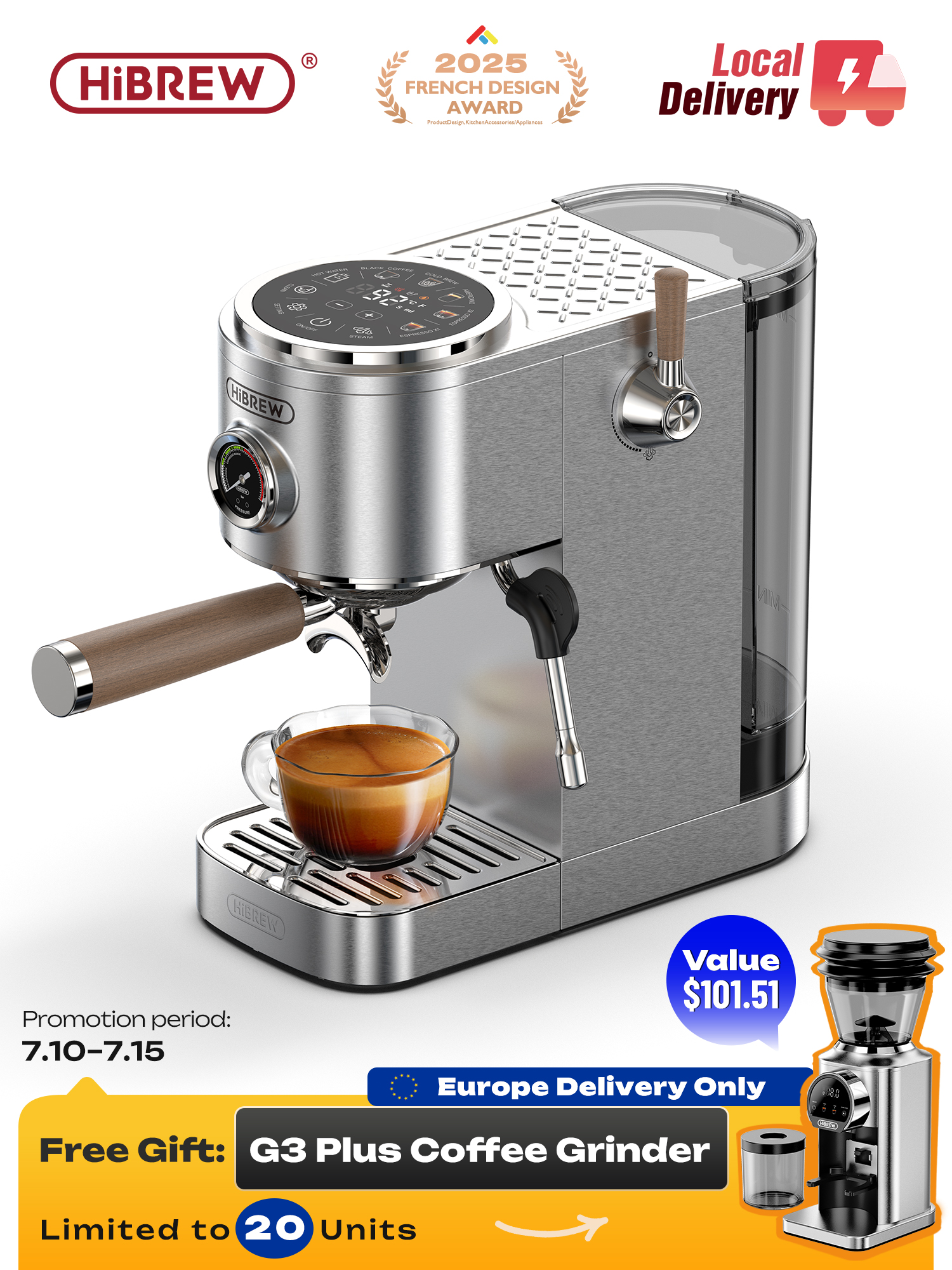 Полуавтоматическая кофемашина HiBREW для эспрессо, приготовление американо одним нажатием, регулировка температуры, 20 бар, приготовление холодного кофе, капучино H13