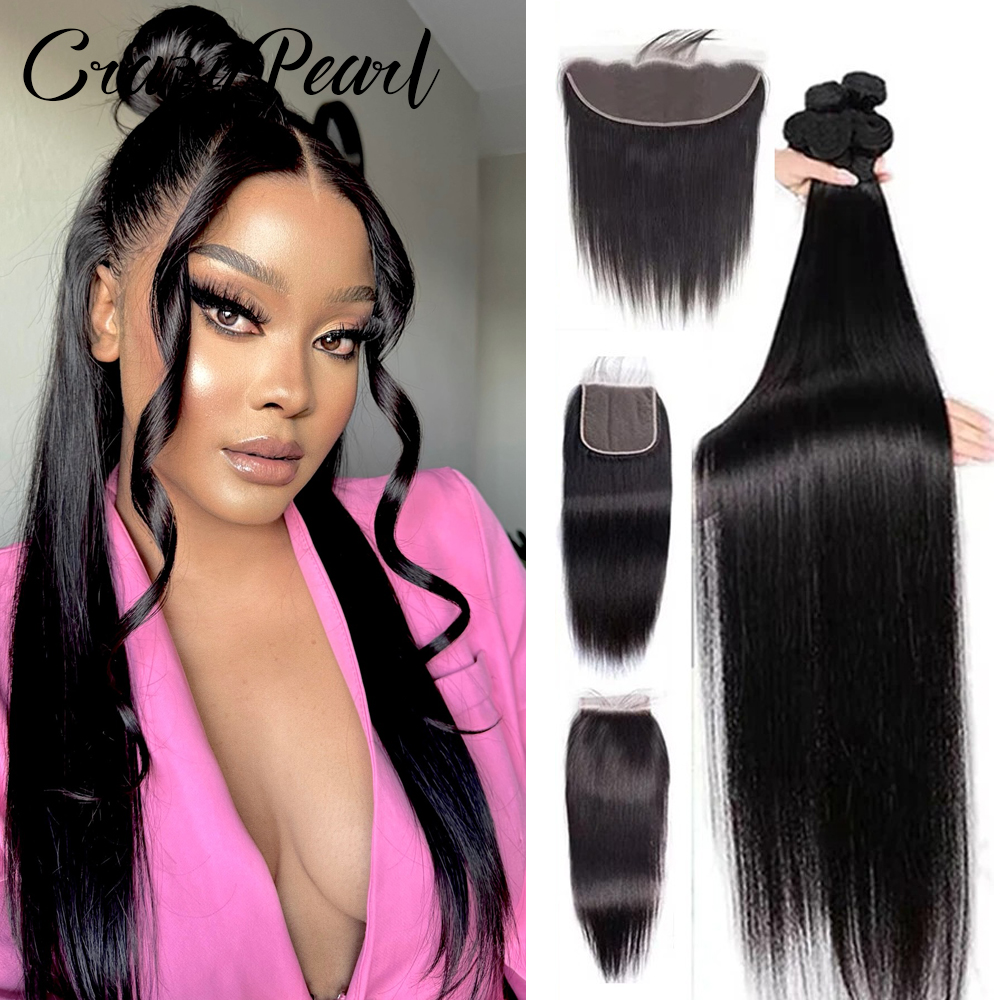 Extensions de cheveux humains avec frontal, tissage lisse, cheveux humains avec closure frontale en dentelle HD 13x4, cheveux vierges brésiliens non traités