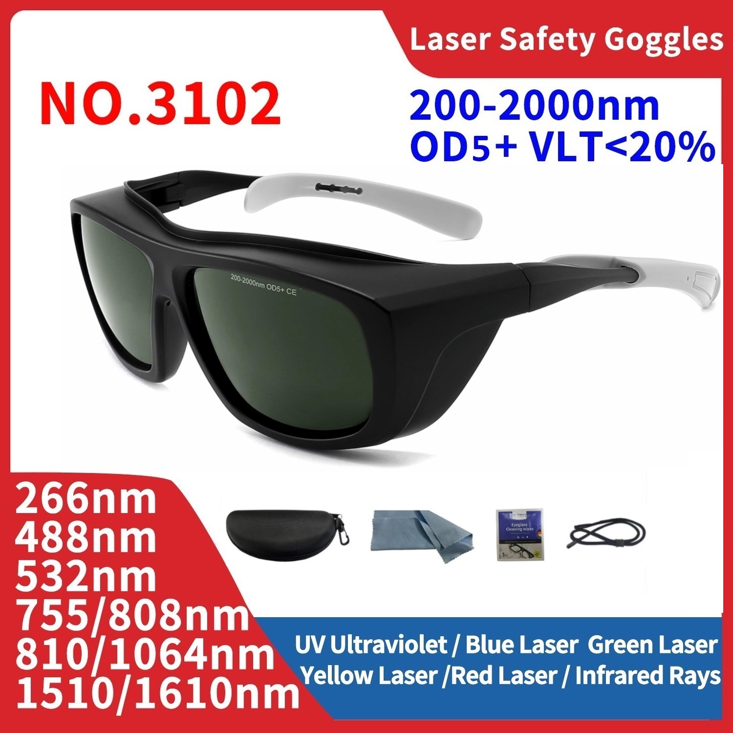 Okulary laserowe Ochrona X Rays Gogle ochronne Ochrona oczu UV IPI IR IPL FPV 200-2000nm 1064 532nm Usuwanie włosów o każdej długości fali