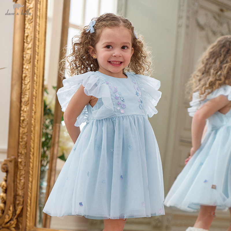 Dave Bella Meisjes Baby Prinses Jurk Zomer Zoete Shell Borduren Kinderen Mesh Elegante Jurk Feest Outdoor Kust DB 2251295