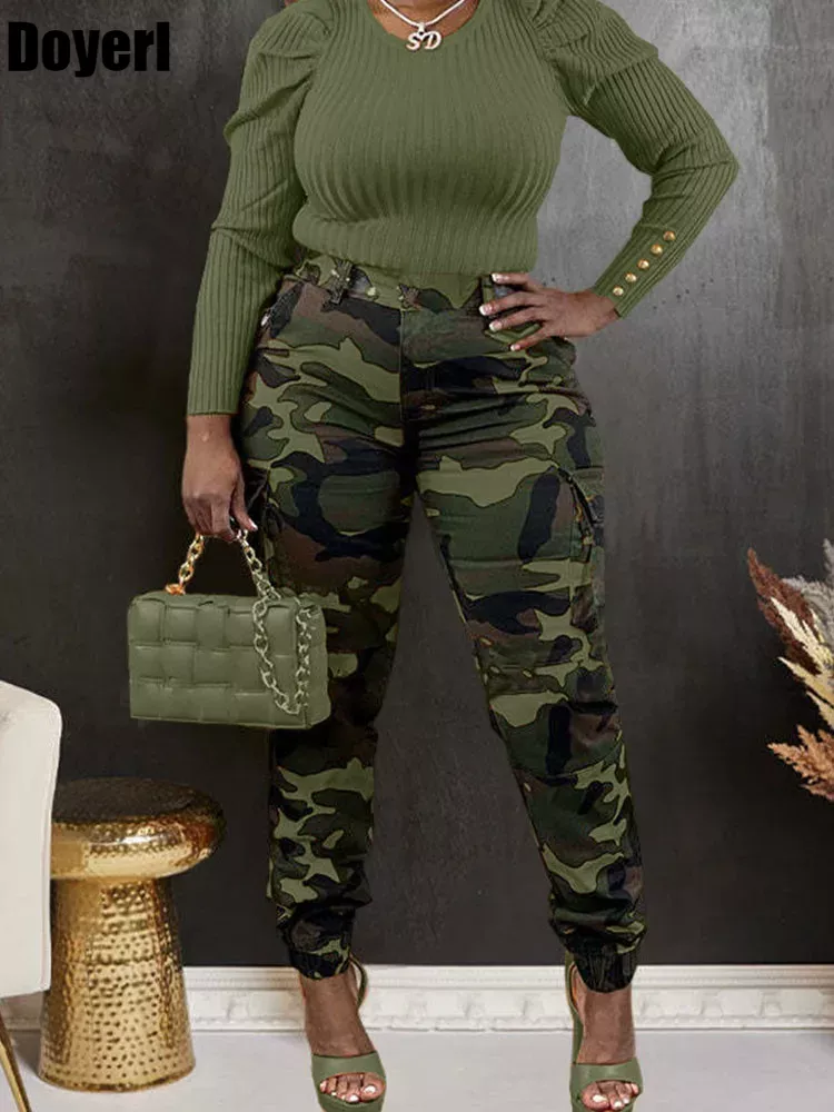 Doyerl Camouflage Cargo Pants for Women Y2K Vintage Harajuku High Waist Casual Ladies Trousers Camo Print Sweatpants
