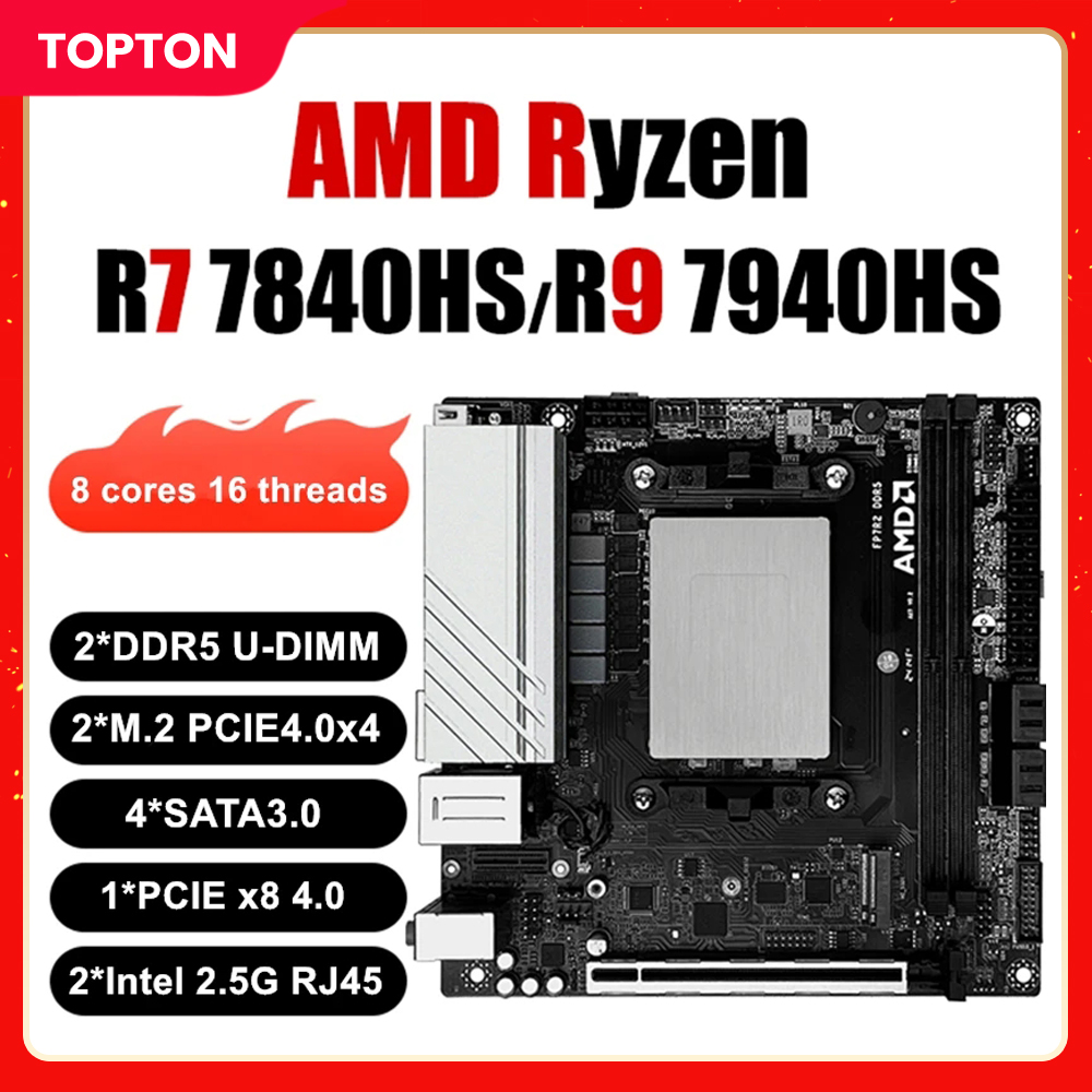 Topton N17 NAS Placa-mãe AMD Ryzen 9 7940HS 7 7840HS 2xNVMe 4xSATA3.0 1x PCIEx8 2xDDR5 2x2.5G LAN 17x17CM Gaming ITX Mainboard