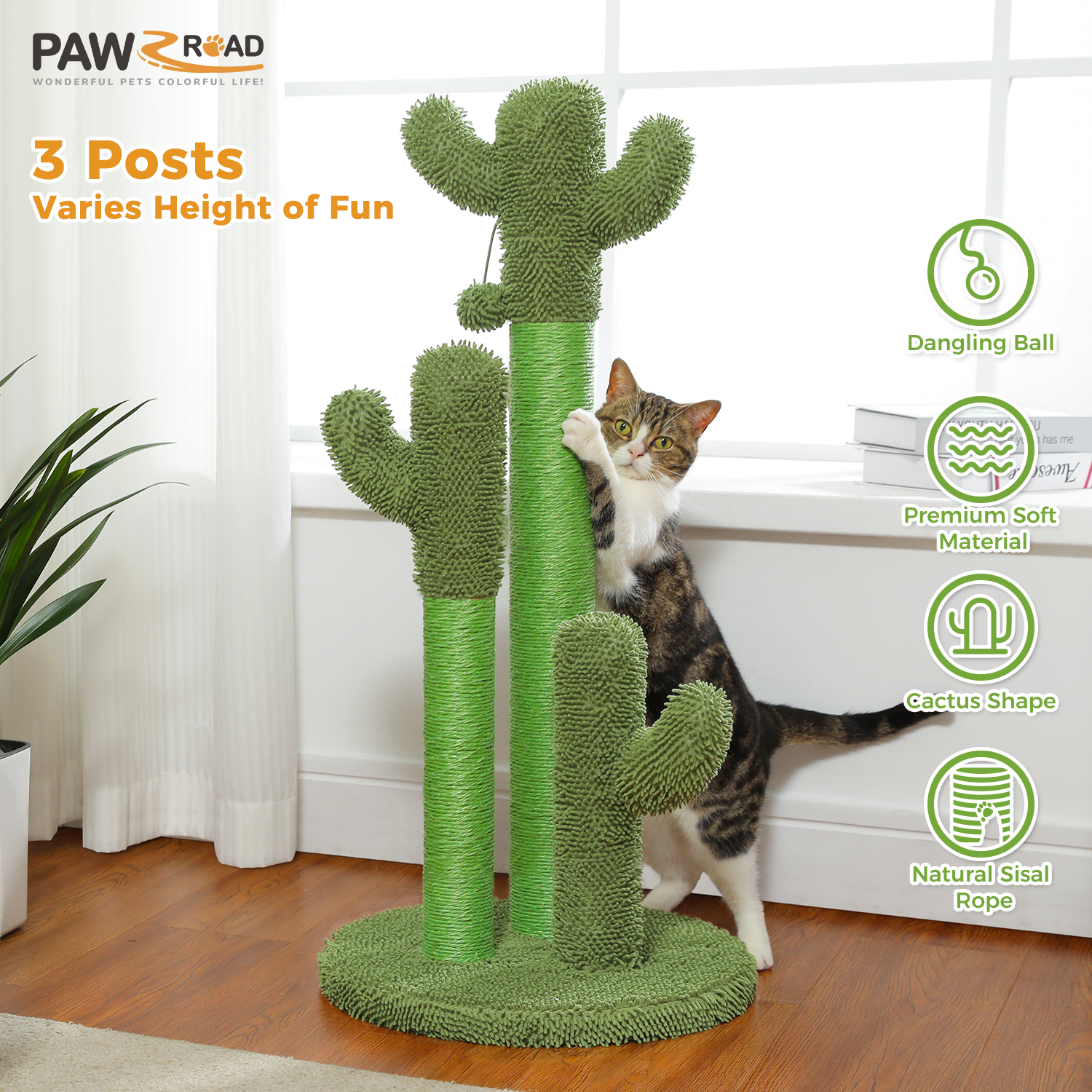 Cactus Drapak dla kota dla kotów domowych Wysoki drapak dla kota z 3 sisalowymi drapakami Interaktywne wiszące zabawki dla kotów w kształcie kuli