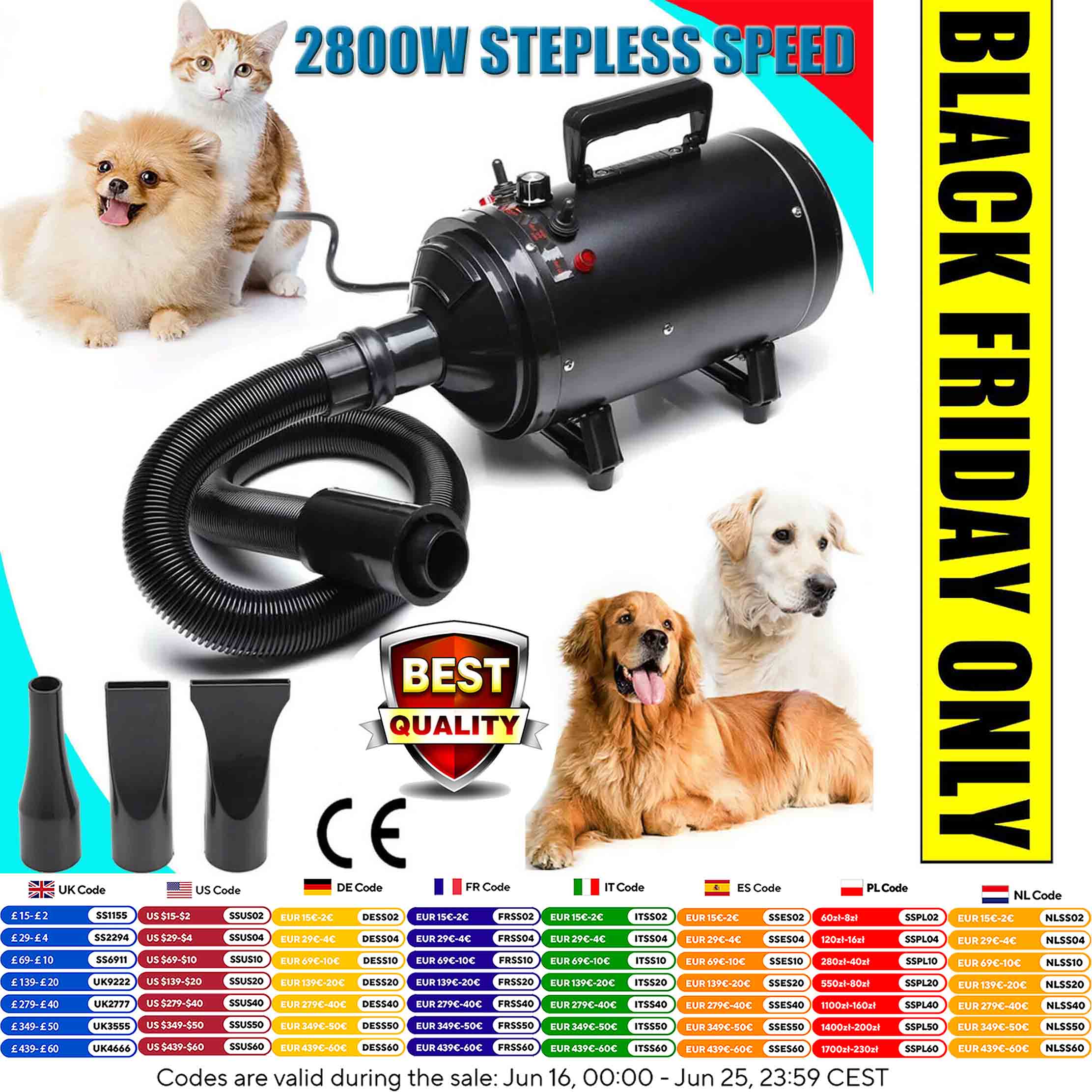 Secador de cabelo para cães 2800W, velocidade ajustável, controle de temperatura com 3 bicos, mangueira extensível para aliciamento de pêlos de animais de estimação, secador de veículos