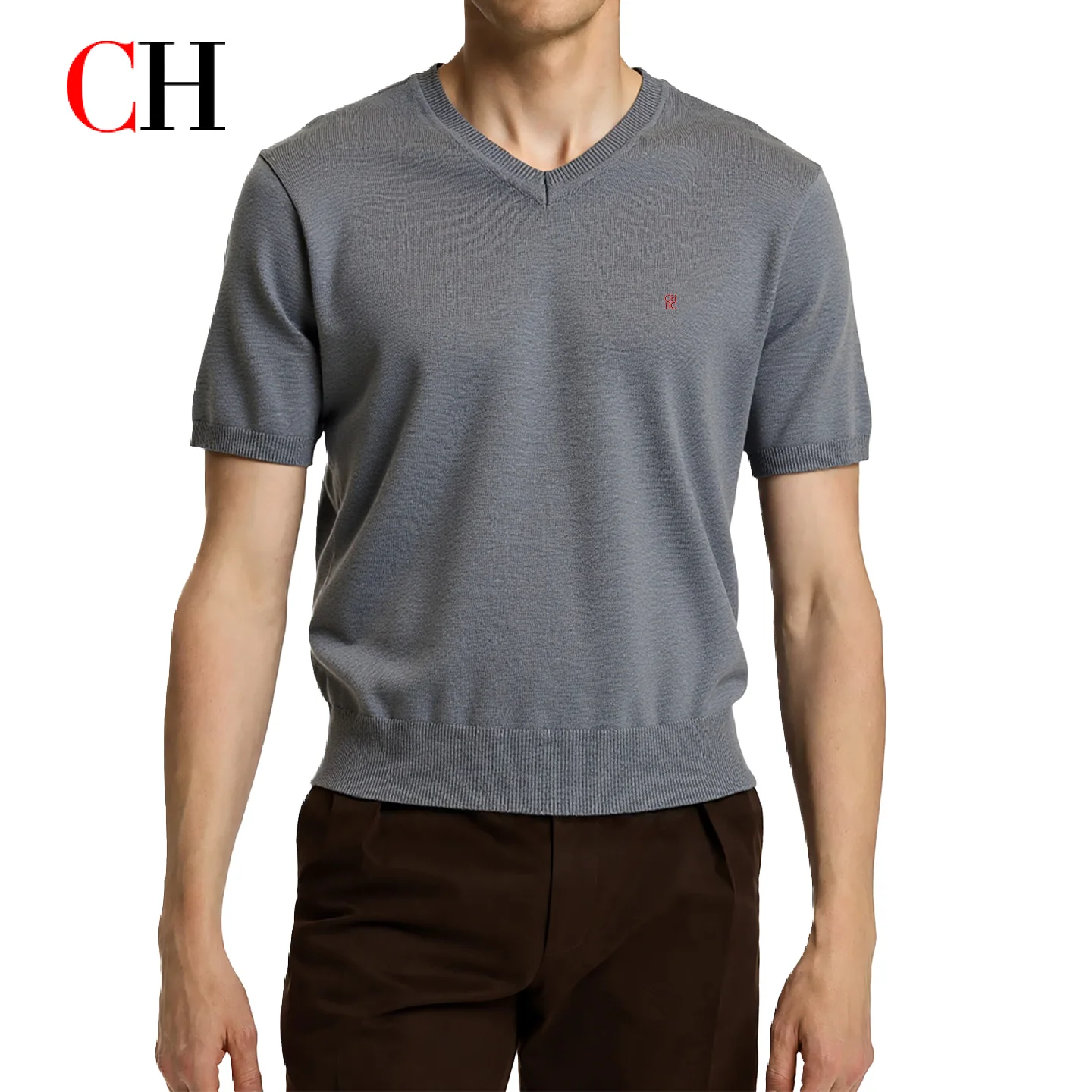 CH T-shirt basique pour homme à col en V, avec broderie mini logo ton sur ton, manches courtes à revers côtelés, en maille, polyvalent pour le quotidien