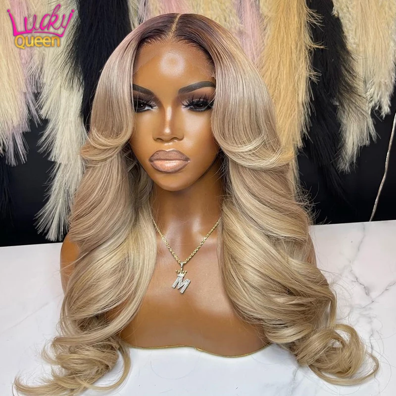 13X6 Ombre Blonde Colored Frontal Wig Human Hair for Women Transparent 13X4 Lace Front Human Hair Wig with Dark Root Pre Plucked