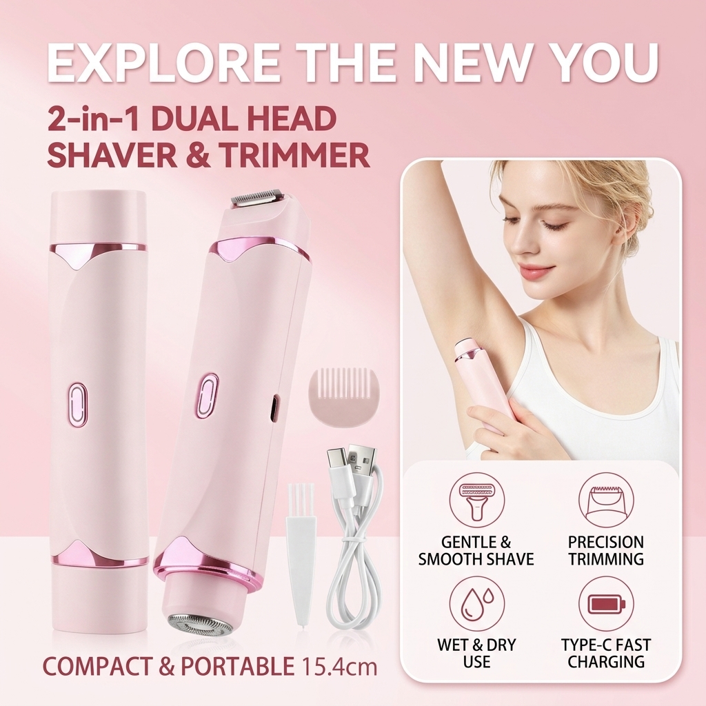Electric Shaver for Women Dual Head Wet Dry, Waterproof USB Rechargeable Lady Razor for Legs Underarm Bikini, Cordless Travel