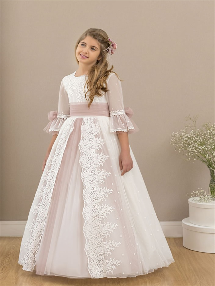 Elegante abito da ragazza di fiori per matrimonio mezze maniche in pizzo tulle gonfio principessa festa di compleanno per bambini abito da ballo per prima comunione