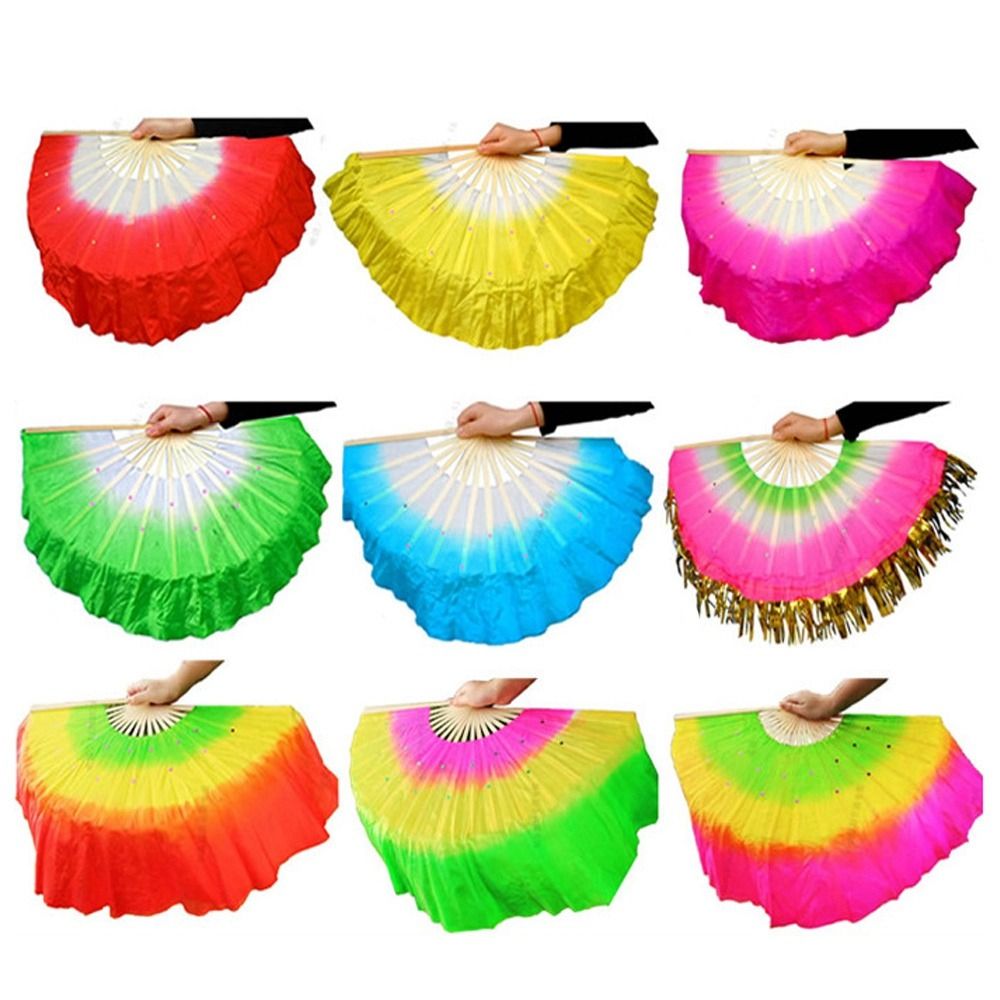 Ventilador chinês para dança do ventre, fãs de bambu curto, corante de mão para adultos, véu de seda meio círculo, pares de Yangko, 30cm, 10cm