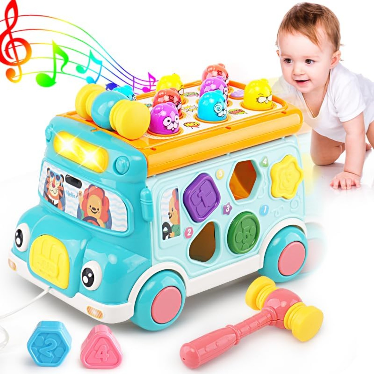 Jouet d'activité itude pour bébé avec son et lumière, trieur de formes, jeu coule Whack-a-Mole, bus scolaire de dessin animé pour enfants