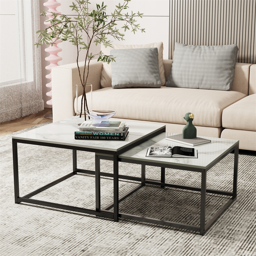 LUVODI Juego de mesa de centro anidad rectangular blanca para sala de estar, mesas decorativas apilables negras con tablero de mármol