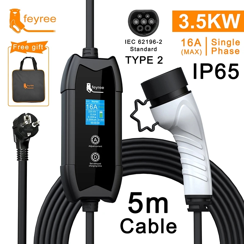 Feyree ev carregador type2 16a 3.5kw caixa de carregamento portátil 5m cabo gbt soquete type1 j1772 adaptador para veículo elétrico carregador de carro