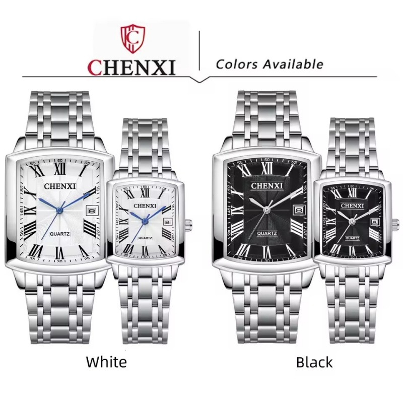 Chenxi 079a moda namoro casal relógio de quartzo simples simulação exibição pulseira de aço inoxidável quadrado relógios masculinos e femininos