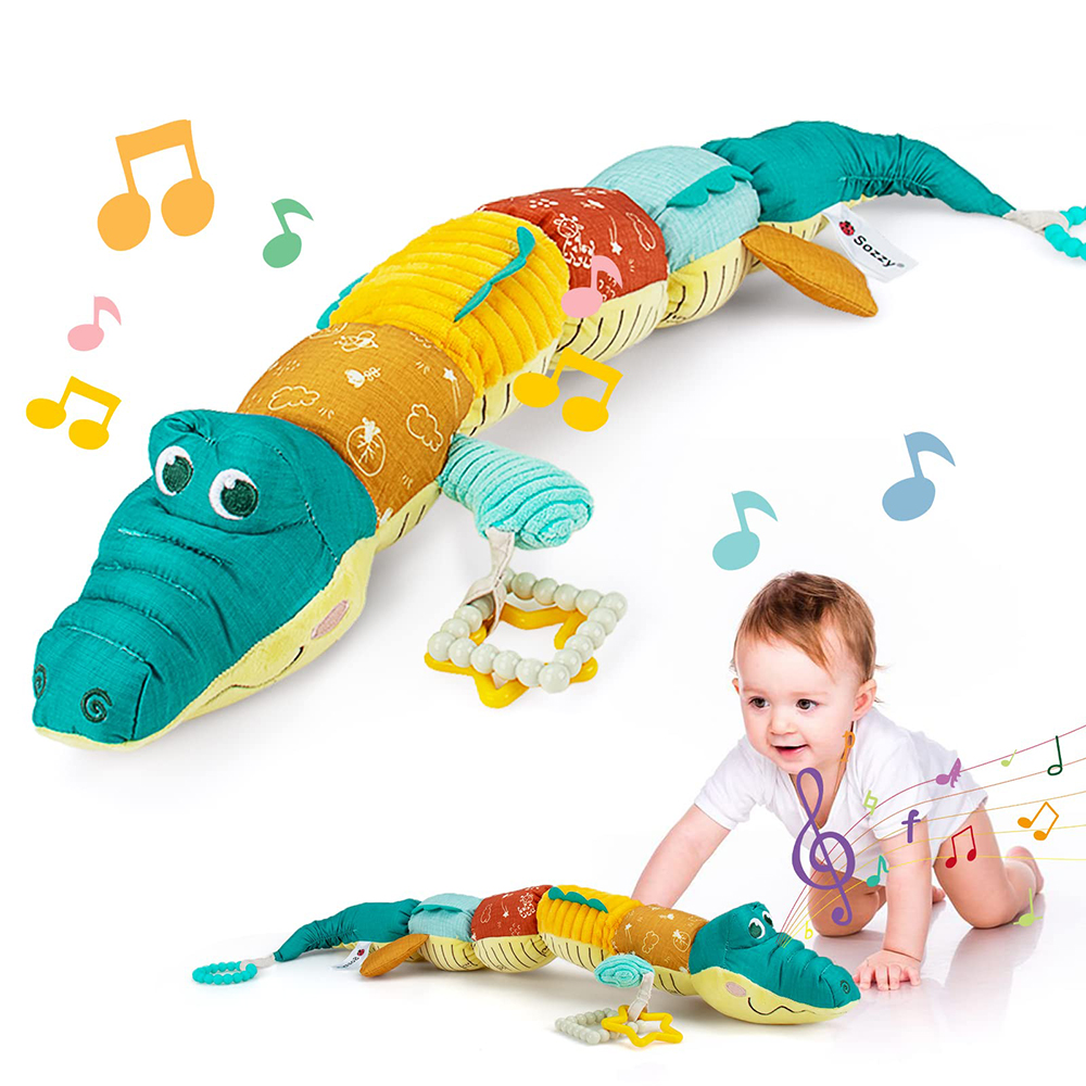 Neonato Animale di pezza musicale Coccodrillo Attività Giocattoli morbidi Multi-sensori Piega Sonaglio e texture Simpatici giocattoli per il tempo della pancia