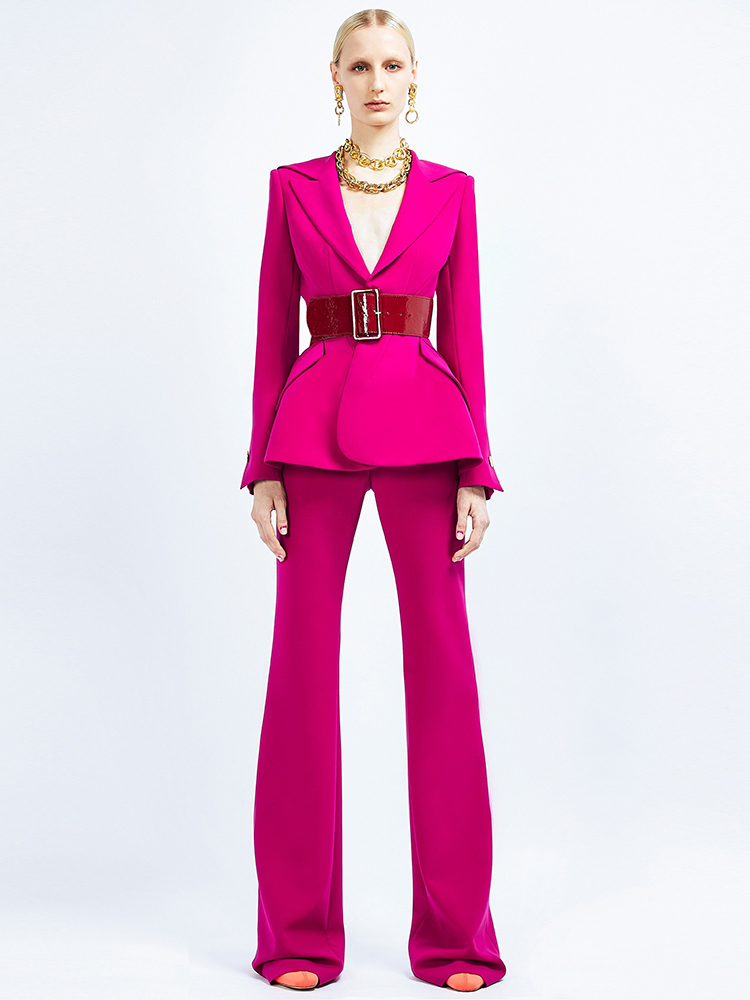 Completo da Donna di Alta Moda Primavera/Estate 2026, Blazer Monopetto con Cintura e Pantaloni a Zampa, Set 2 Pezzi