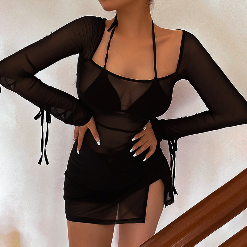 Sexy Abendkleid, heißes Club-Set, transparente Weste für Damen, langärmeliges Minikleid mit quadratischem Kragen, einfarbig, Y2k