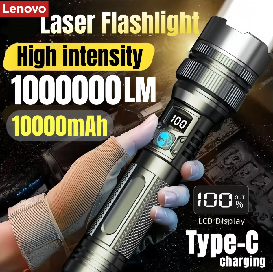 Latarka LED Lenovo 1000000LM Super Bright, ładowana przez USB-C, z cyfrowym wyświetlaczem, wodoodporna IPX8, o długiej żywotności, do użytku na kempingu i w sytuacjach awaryjnych.