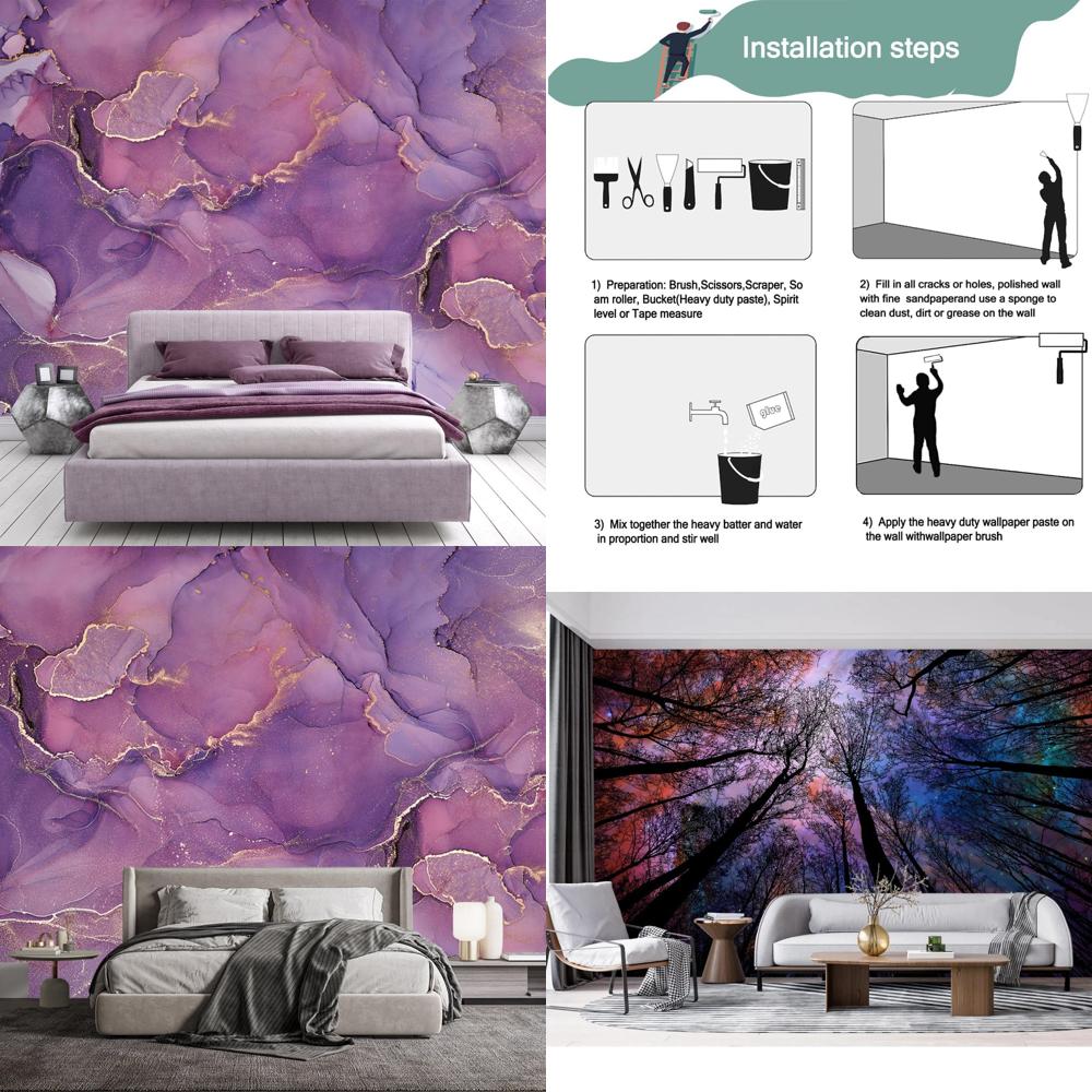 Abstract Purple Marble Textured Wallpaper for Bedroom, 140x91, Non-Peel and Stick, Unique Mural Design