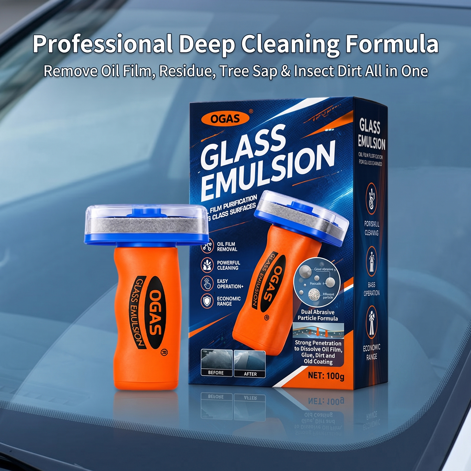OGAS Gen 2 รุ่นปรับปรุง น้ำยาขจัดคราบน้ำมันบนกระจกรถยนต์ พร้อมแปรงขนสัตว์ ทำความสะอาดล้ำลึก ขจัดสิ่งสกปรก คราบนก