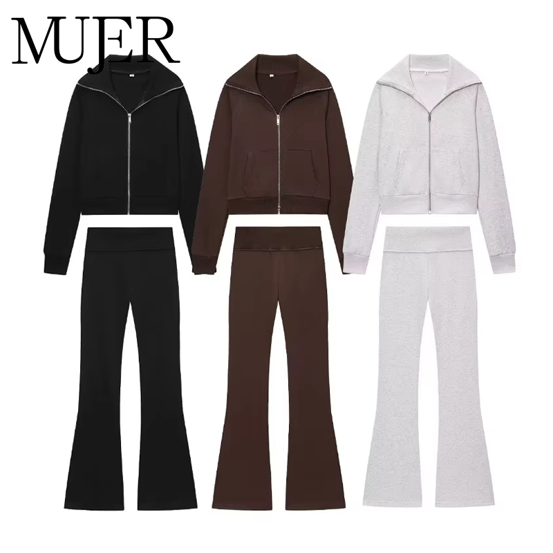 MUJER Conjuntos de pantalones acampanados para mujer, 2 piezas, pantalones de lana de cintura alta para mujer, conjuntos de chaqueta recortada con cremallera para mujer, trajes de calle