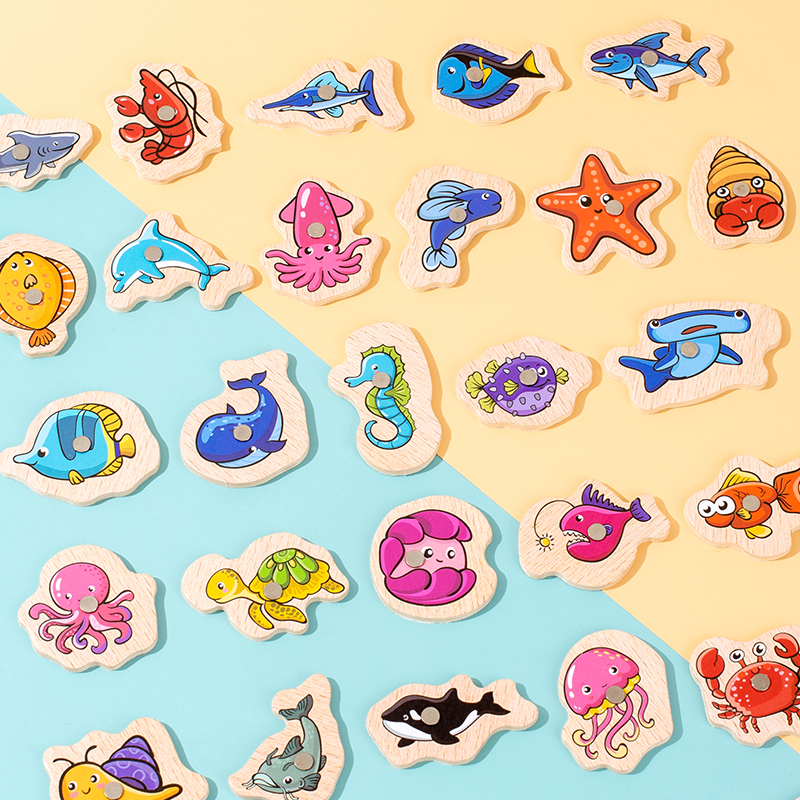 Fishing Toys Montessori Wooden For Children Magnetic Marine Life Cognition Fish Games Parent-Child Interactive Educational Toy